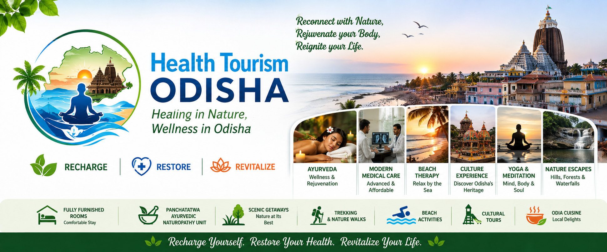 Health Tourism Odisha — Ayurveda and rejuvenation, modern medical care, beach therapy, cultural heritage, yoga and meditation, and nature escapes